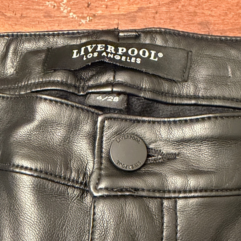 Liverpool Los Angeles Black Faux Leather Pants with Branded Button